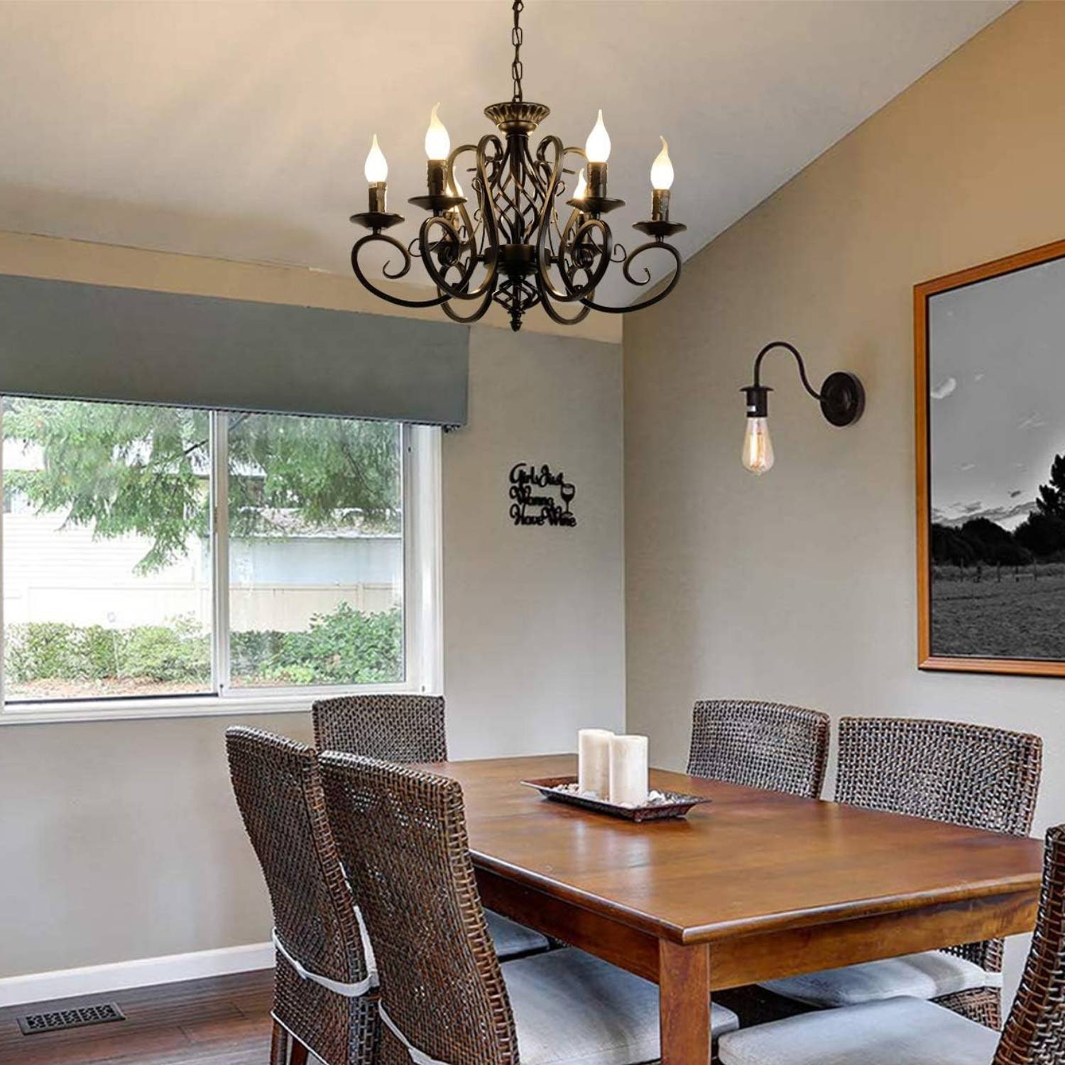A room lit by a decorative pendant light in the evening